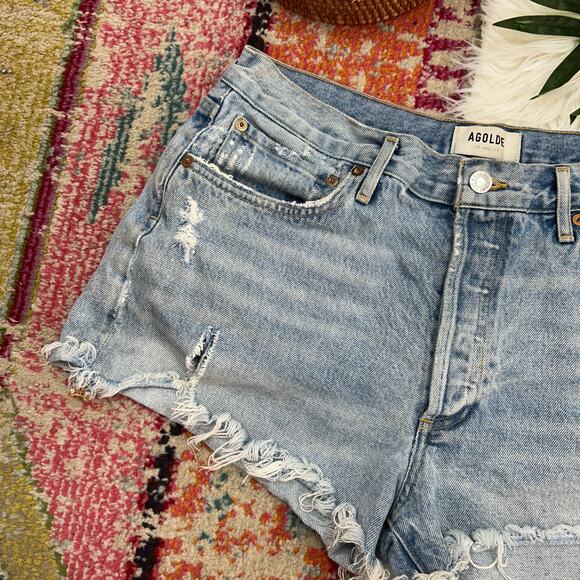 AGOLDE Light Blue Denim Distressed Button Fly Cut Off Jean Shorts 30 - Picture 4 of 8
